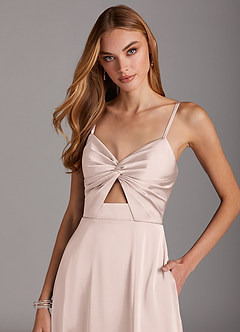 Azazie Jenna Bridesmaid Dresses Blushing Pink A-Line Pleated Stretch Satin Dress image5