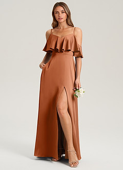Azazie Jean Bridesmaid Dresses Copper A-Line Off the Shoulder Stretch Satin Dress image3