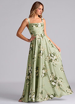 Azazie Shaude Bridesmaid Dresses Floral Vines A-Line Pleated Stretch Satin Dress image6