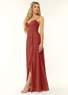Azazie Naeem Bridesmaid Dresses Terracotta A-Line V-Neck Ruffle Chiffon Dress image1