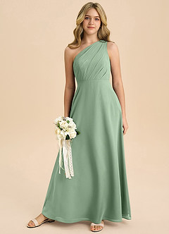 Azazie Phaedra Junior Abito A-Line in Chiffon Plissettato Matcha image8