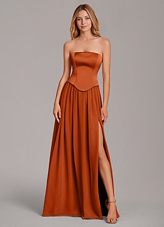 Azazie Cadence Vestidos de damas de honor Vestido de Naranja Quemada de Satén Elástico de Corte en A Convertible con Corsé image5