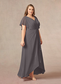 Azazie Eliza Mother of the Bride Dresses Steel Grey A-Line V-Neck Pleated Chiffon Dress image9