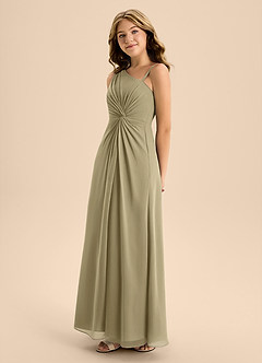 Azazie Brooke Junior Abito A-Line in Chiffon Spacco Laterale Verde Muschio image6