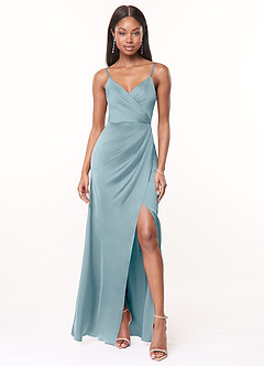 Azazie Maci Bridesmaid Dresses Moody Blue A-Line V-Neck Pleated Stretch Satin Dress image1