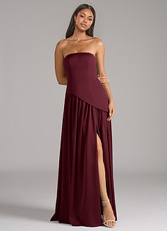 Azazie Adeline Vestidos de damas de honor Vestido de Cabernet de Satén Elástico de Corte en A Convertible con Sin tirantes image3