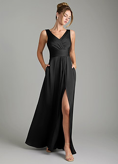 Azazie Karina Robes de demoiselle d'honneur Robe Trapèze en Satin extensible Plissée Noir image1