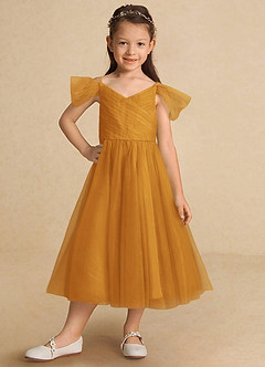 Azazie Lizzette Flower Girl Dresses Butterscotch A-Line Ruched Tulle Dress image6