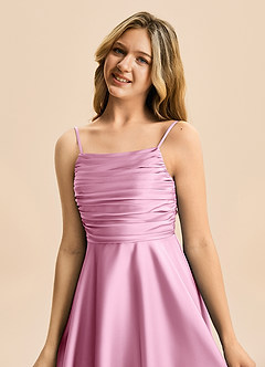 Azazie Miko Junior Candy Pink A-Line Pleated Stretch Satin Dress image8