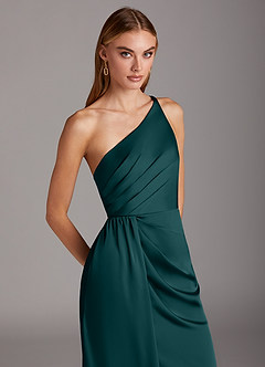 Azazie Mika Bridesmaid Dresses Pine Sheath One Shoulder Stretch Satin Dress image7