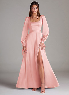 Azazie Leonia Bridesmaid Dresses Powder Pink A-Line Long Sleeve Stretch Satin Dress image1