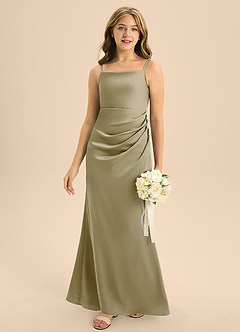 Azazie Renna Junior A-Linie Plissee Stretch-Satin Kleid Moosgrün image5