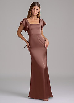 Azazie Elkie 신부 들러리 드레스 인어 스퀘어 네크라인 스트레치 새틴 바닥 길이 드레스 image5