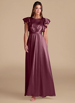 Azazie Daphne Modest Bridesmaid Dresses A-Line Ruched Metallic Satin Floor-Length Dress image3