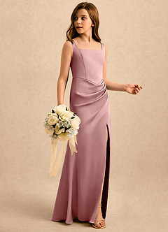Azazie Noah Girls Formal Flower Girl Dresses Dusty Rose Sheath Pleated Stretch Satin Dress image3