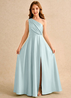 Azazie Puddles Girls Formal Flower Girl Dresses Mist A-Line One Shoulder Stretch Satin Dress image5