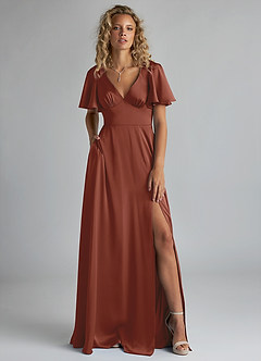 Azazie Kimber Bridesmaid Dresses Auburn A-Line Ruched Stretch Satin Dress image1
