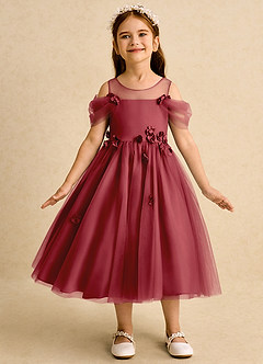 Azazie Juni Flower Girl Dresses Pomegranate Ball-Gown Pleated Tulle Dress image4