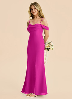 Azazie Nira Junior Vestido Fucsia de Gasa de Corte Sirena con Drapeado image3