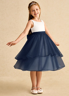 Azazie Rene Flower Girl Dresses Ivory Dark Navy A-Line Bow Tulle Dress image1
