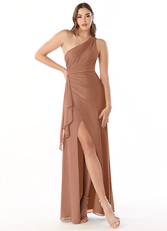 Azazie Maive Bridesmaid Dresses Bronzer Sheath Pleated Ruffle Chiffon Dress image1
