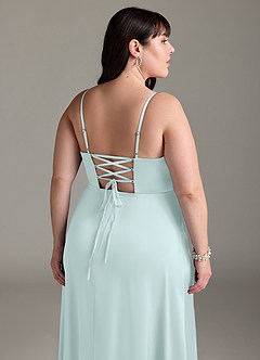 Azazie Marchella Bridesmaid Dresses Sea Glass A-Line Corset Stretch Satin Dress image12