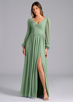 Azazie Zeya Bridesmaid Dresses Matcha A-Line Long Sleeve Chiffon Dress image4