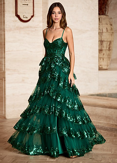 Tindra Green Sequins Ruffles Prom Dress image8