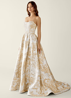 Allegra Champagne Blommig Jacquard Omlott A-linjeformad Balklänning image3