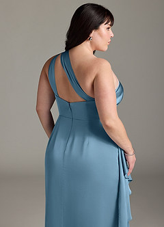 Azazie Maive Final Sale Steel Blue Sheath Ruched Stretch Satin Dress image12