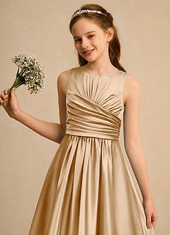 Azazie Ducky Girls Formal Flower Girl Dresses Gold A-Line Pleated Stretch Satin Dress image6