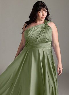 Azazie Charlize Bridesmaid Dresses Pistachio A-Line One Shoulder Stretch Satin Dress image15