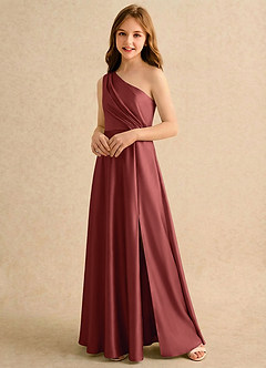 Azazie Puddles Girls Formal Flower Girl Dresses Terracotta A-Line One Shoulder Stretch Satin Dress image4