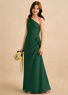 Azazie Sophie Girls Formal Robe Demoiselle D'honneur Fillette Robe Fourreau en Mousseline de soie Une épaule Vert Foncé image4