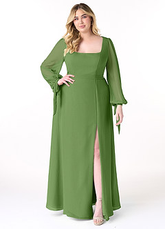 Azazie Leonia Bridesmaid Dresses Basil A-Line Long Sleeve Chiffon Dress image8