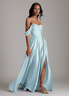 Azazie Loisa Abiti da Damigella Abito A-Line in Raso Elasticizzato a Spalla Scoperta Nuvola Blu image6