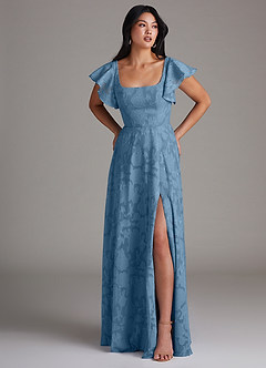 Azazie Bondi Bridesmaid Dresses Steel Blue A-Line Side Slit Floral Burnout Dress image4