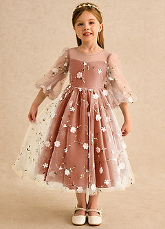 Azazie Elowen vestidos de niña de las flores Vestido Naranja Quemada de Encaje de Línea A con Escote corazón image1
