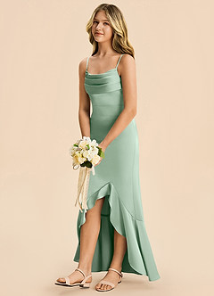 Azazie Magnolia Junior Agave Sheath Ruched Stretch Satin Dress image5