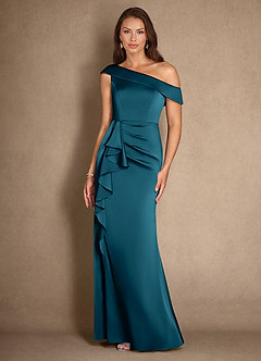 Azazie Hamptons Vestidos para mãe da noiva Vestir Tinta Azul de Cetim elástico de Linha A com Plissado image4