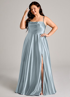 Azazie Elle Bridesmaid Dresses Dusty Blue A-Line with Pockets Metallic Satin Dress image10