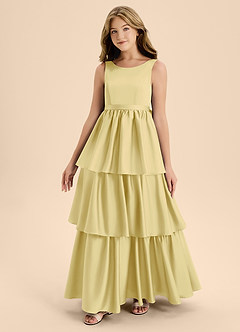 Azazie Meadowyn Junior Lemon Sorbet A-Line Bow Stretch Satin Dress image4