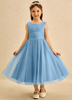 Azazie Macaron Jurken voor bloemenmeisjes A-Lijn Jurk van Tule Geplooid Staal Blauw image3