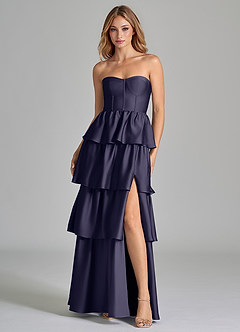 Azazie Faye Robes de demoiselle d'honneur Robe Trapèze en Satin extensible Rayé Bleu Orageux image4