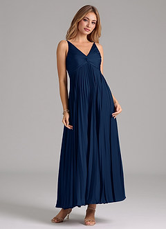 Azazie Raychelle Vestidos de damas de honor Vestido de Azul Marino Oscuro de Satén Elástico de Corte en A con Plisado image5