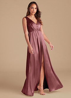 Azazie Tanicia Vestidos de damas de honor Vestido de Malva Vintage de Satén Metálico de Corte en A con Plisado image4