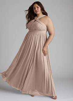 Azazie Hillian Bridesmaid Dresses Taupe A-Line Halter Pleated Mesh Dress image11