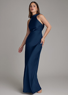 Azazie Dimitra Bridesmaid Dresses Dark Navy A-Line Pleated Stretch Satin Dress image4
