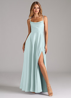 Azazie Elle Bridesmaid Dresses Sea Glass A-Line Pleated Stretch Satin Dress image4