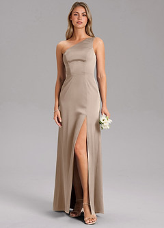 Azazie Phaedra Jurken voor bruidsmeisjes Jurk van Stretch Satijn met A-lijn One-shoulder Taupe image3
